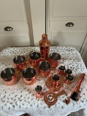 Moscow Mule Copper Mug Set: Hammered Barrel, Straws & Coasters Barware NWOT